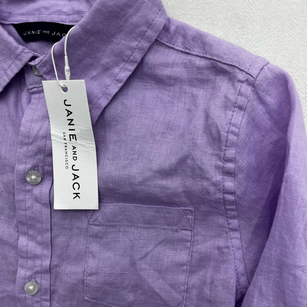 NWT Janie and Jack 100% Linen Button Down Shirt Long Sleeve Boys 7 Lavender